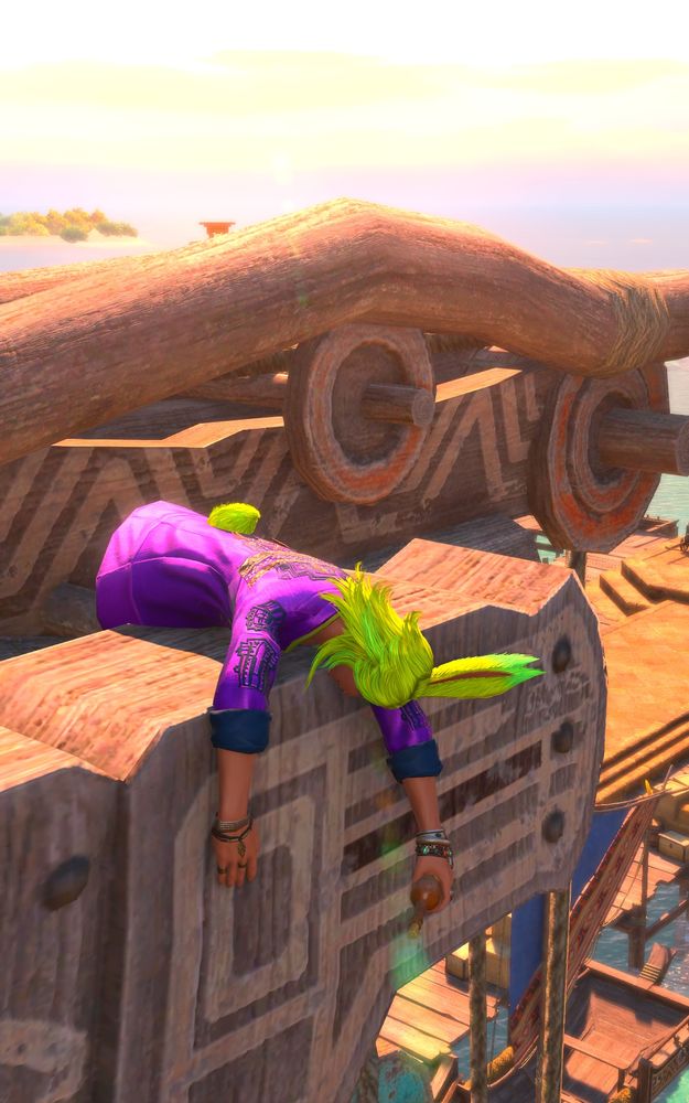 Eheeya, also known as Dancing Green, hungover the morning after drinking. On a wooden post, hanging over the edge.