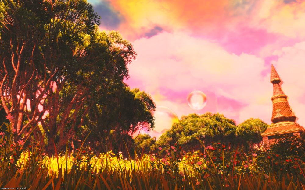 A virtual photo screenshot of the location known as the South Horn in the videogame Final Fantasy XIV. The image features lots of grass, abstract trees and a reddish sky with bubbles floating in it.