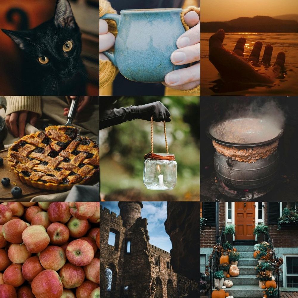 black cat, blue mug, hand coming up through water, blueberry pie, gloved hand holding candle lanter, witchy cauldron bubbling, apples, ruined castle, fall decorated front steps with pumpkins and greenery