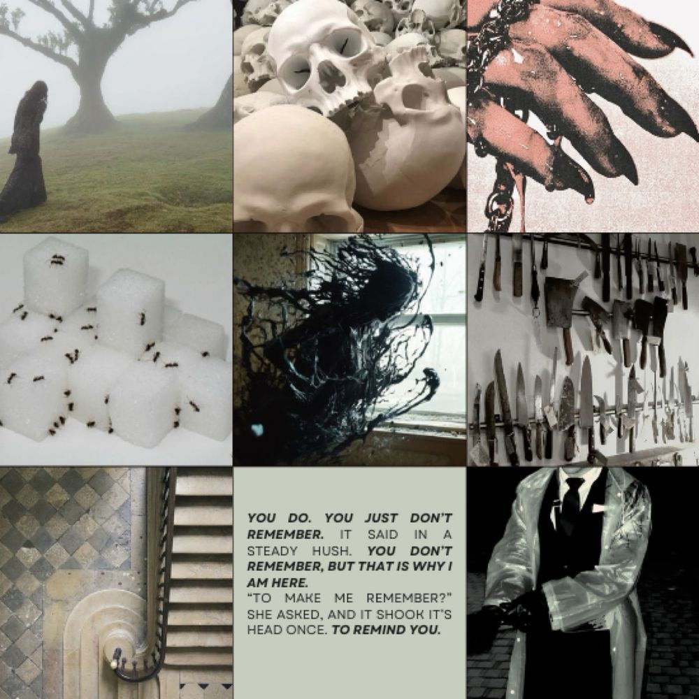 a nine image moodboard in cool tones of grey, blues and beige. from left to right, the images are
1. a woman with black hair and a black lace dress walking in a foggy area, near two black trees
2. a collection of skulls
3. a hand covered in blood
4. a stack of sugar cubes with ants crawling on them
5. a black ink creature taking form in a brown room 
6. a wall of all sorts of knives, including butcher and parring knives
7. an overhead shot of a stair case with aged tile floors
8. a greyish green image with black text reading “You do. You just don’t remember. It said in a steady hush. You don’t remember, but that is why I am here. “To make me remember? She asked, and it shoot its head once. To remind you.”
9. a man in a black suit and a plastic suit coat pulling on black leather glowing 