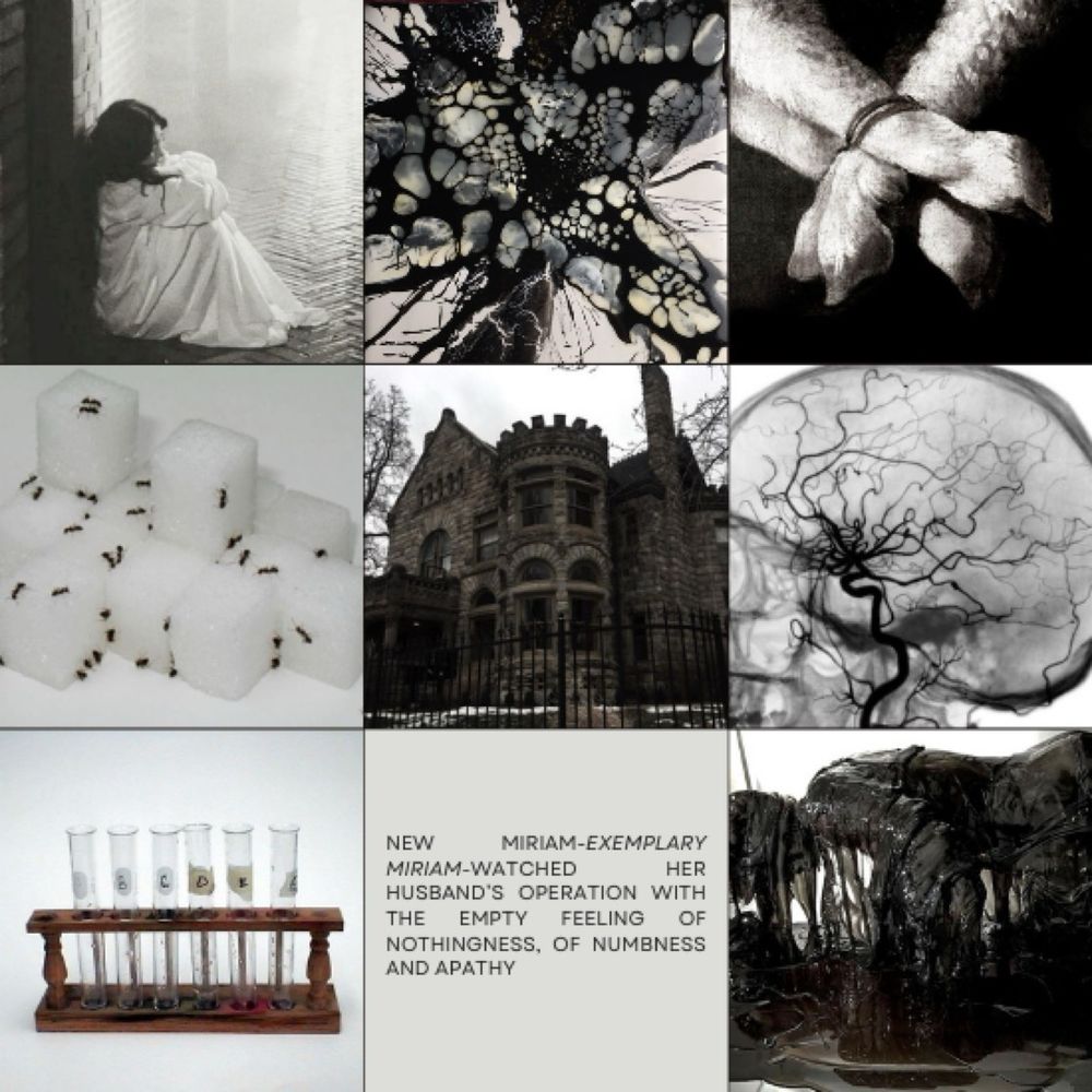 a nine image moodboard in black and white tones. from right to left, the images are
1. a woman with black hair, dressed in a white dress, sitting against a brick wall with her knees pulled to her chest
2. black liquid on a white surface
3. a closeup of a lamb with its legs ties together
4. sugar cubes with ants crawling on it
5. a two story black brick manor
6. an x-ray of a skull, the veins black
7. a vial holder lined with six empty, clear glass vials. they are labeled a through f on fading scotch tape
8. a white image with black text in the center, reading "new miriam-exemplary miriam-watched her husband's operation with the empty feeling of nothingness, of numbness and apathy
9. a person covered in black tar, their hands on the ground, pushing themselves upwards
