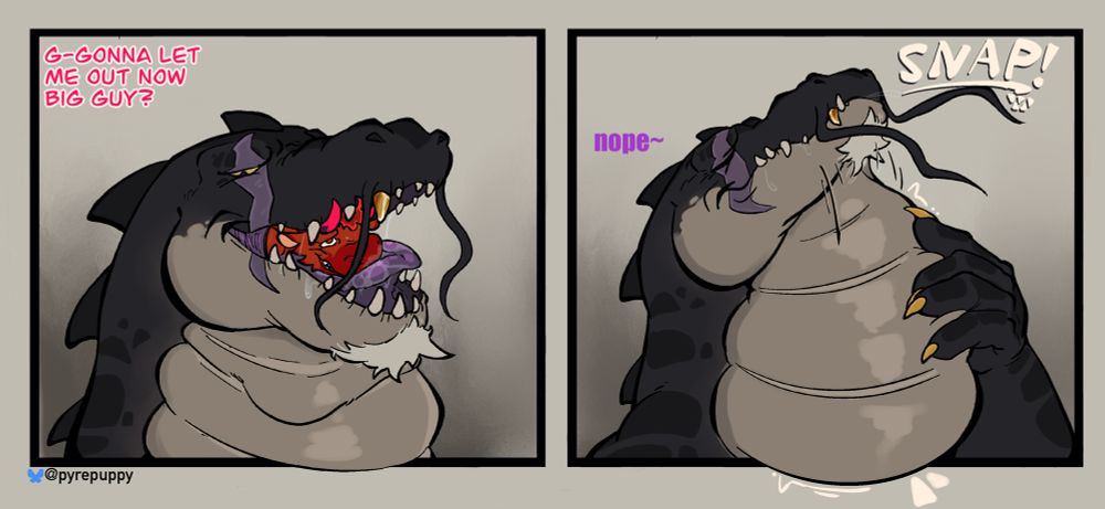Benoit holding pyre partially in his maw before slamming his jaws shut and swallowing his prey