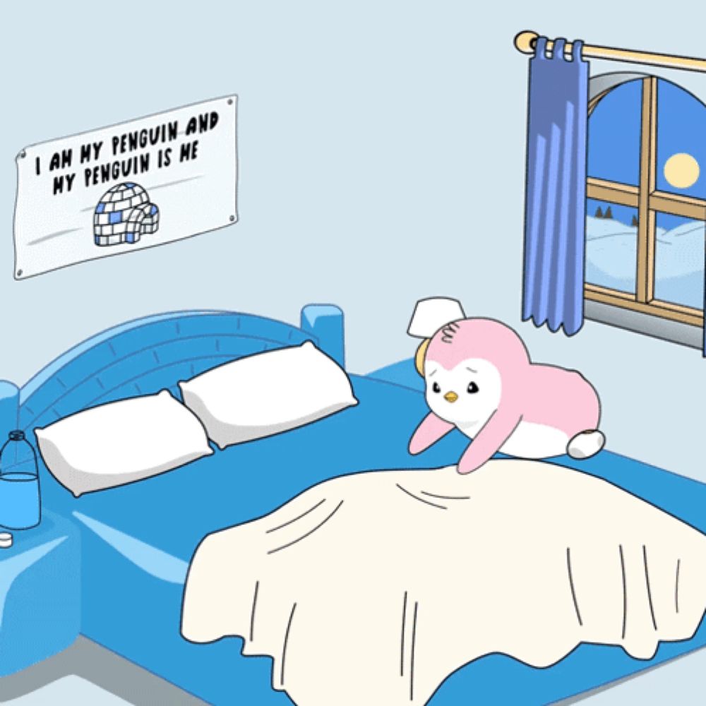 a penguin is laying on a bed with a sign that says i am my penguin and my penguin is me