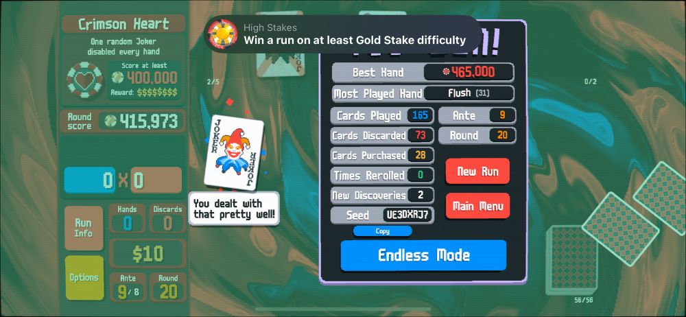 A screenshot of the game Balatro showing a win on Gold difficulty. 