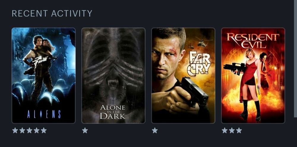 A screenshot from the letterbox app. Four movies. Aliens. Alone in the Dark. Far Cry. Resident Evil