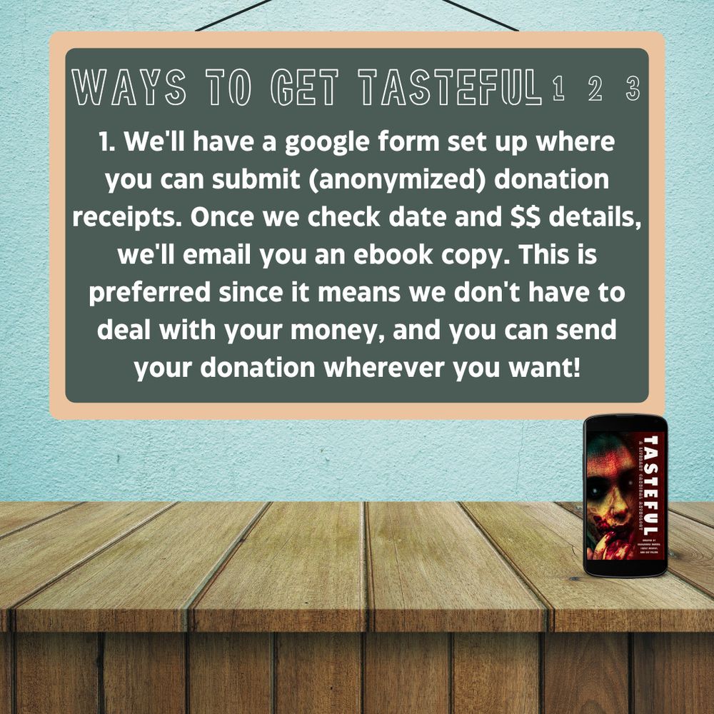 A chalkboard hangs against a blue wall in the background. A phone with Tasteful book cover on its screen rests on a wooden counter in the foreground. Written on the chalkboard is: Ways to get Tasteful 123. 1. We'll have a google form set up where you can submit (anonymized) donation receipts. Once we check date and $$ details, we'll email you an ebook copy. This is preferred since it means we don't have to deal with your money, and you can send your donation wherever you want!