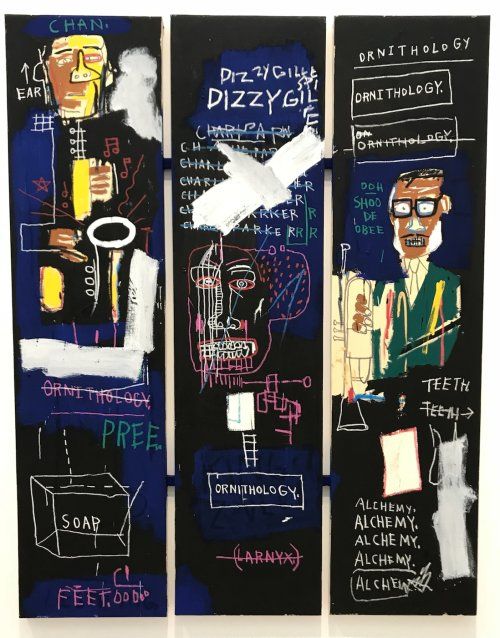Horn Players (1983) acrylic and oil stick on three canvas panels mounted on wood supports