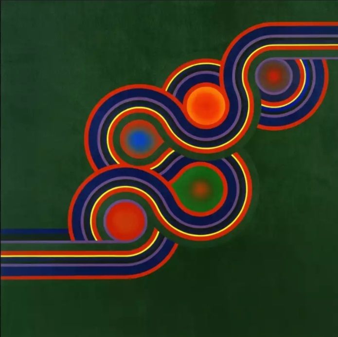 This acrylic on canvas is part of Sakai's Ondulaciones (Undulations) series. 
The title is a homage to the 1968 Miles Davis album of the same name. Multicolored swirls on a green background.