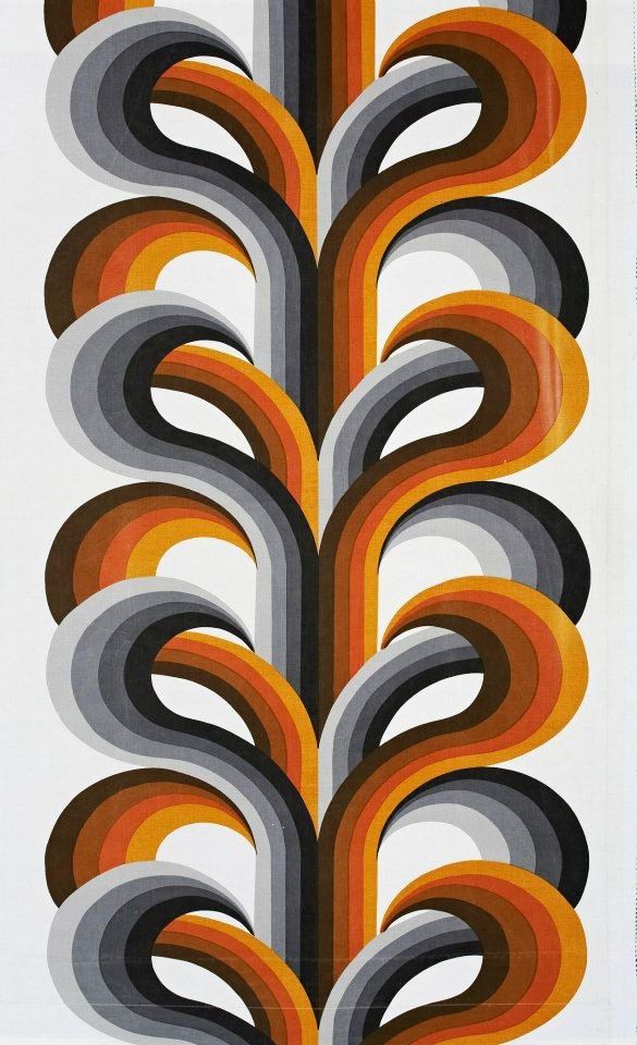 Cotton furnishing fabric printed with a motif of curving bands made up of graduated strips of color. Brown, greys and terracottas on white.