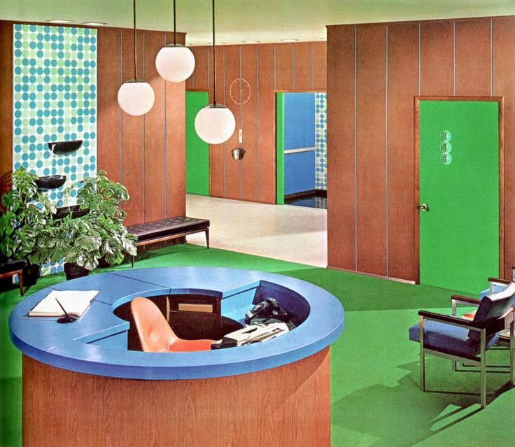 Office reception area with a circular desk clad in blue and woodgrain Formica. The walls are woodgrain, with a panel of green and blue on white polka dots. The carpet and doors are green, and a trio of globe lamps hang over the reception desk.

"NEW!

Citation Series of laminated plastic. A smartly coordinated line of solid colors, woodgrains and Special Designs.

V.I.P. vertical interior paneling. A beautiful new product with Formicas laminated plastic pre-veneered to rigid Formica Supercores flakeboard. Simple spline-joint installation over open studding.

Doors clad with Formicas laminated plastic. Under special agreement with quality door manufacturers the country over, doors to Formica approved specifications are delivered to the job site prepared for hardware, ready to hang."