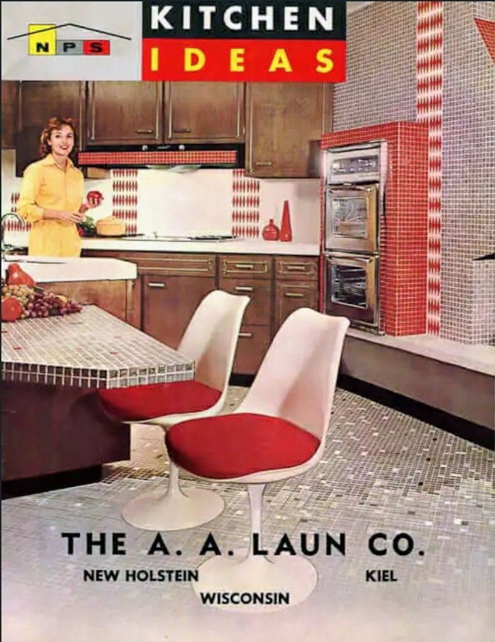 Kitchen Ideas pamphlet A.A. Laun Co features an image of an mcm kitchen with red, gray and white tiles and white Saarinen tulip chairs with red upholstery 