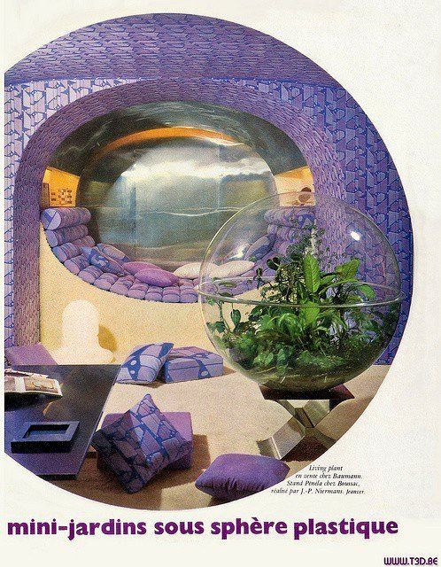 Lavender and purple space age room with a clear spherical terrarium 