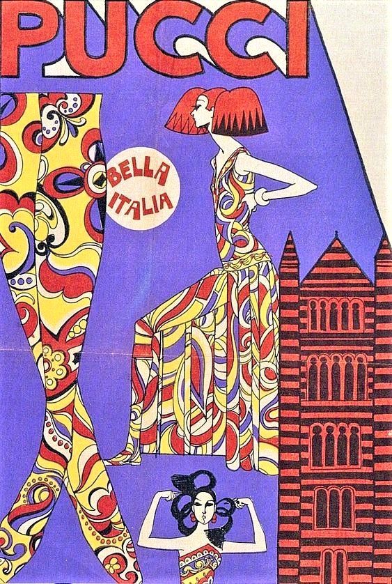 Fashion illustration featuring women in multi-colored Pucci prints.