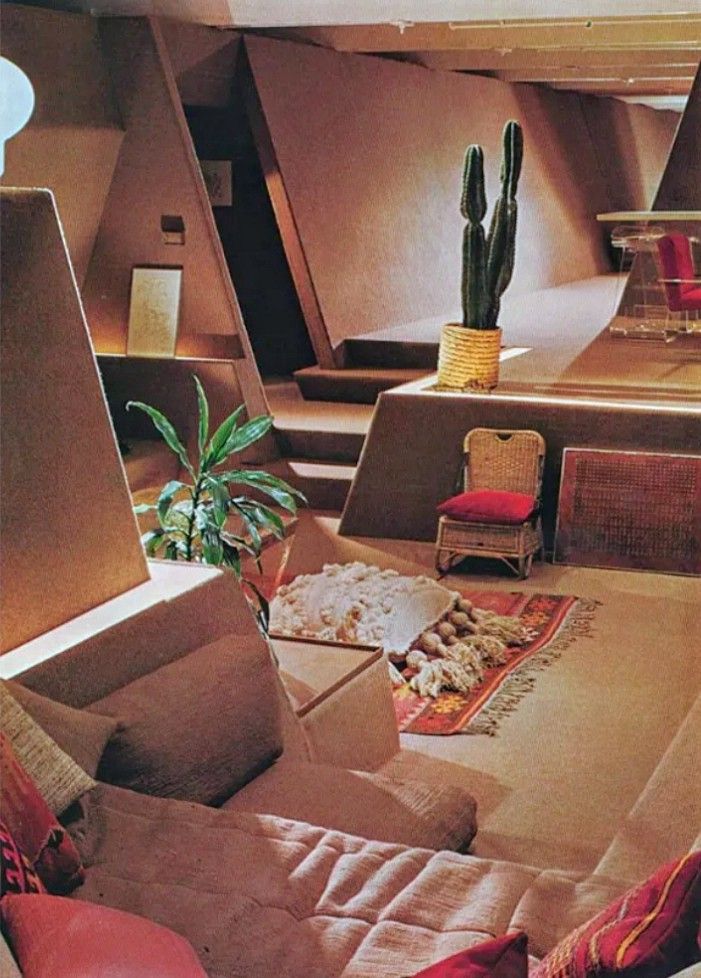 Modernist living space decorated in earth tones with a large potted cactus in the middle of the room. The interior reminds me of a spaceship.