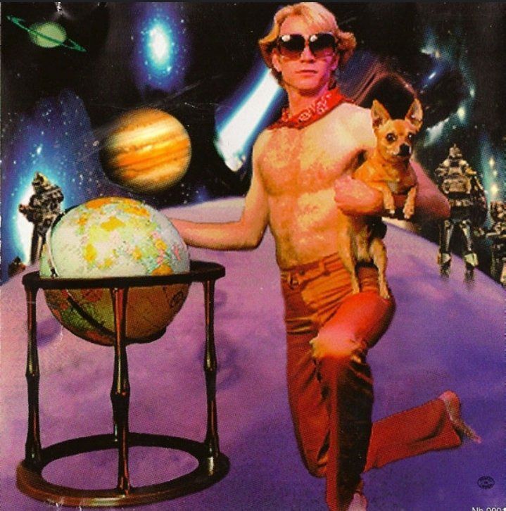 Collage of a man in space holding a chihuahua and touching a globe 
