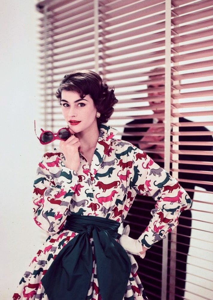 Model Anne Gunning wears a multi-colored dachshund print day dress. Behind her is a man, separated by horizontal blinds, straightening his tie.