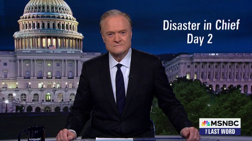 MSNBC's Lawrence O'Donnell with white text over his shoulder: Disaster in Chief Day 2