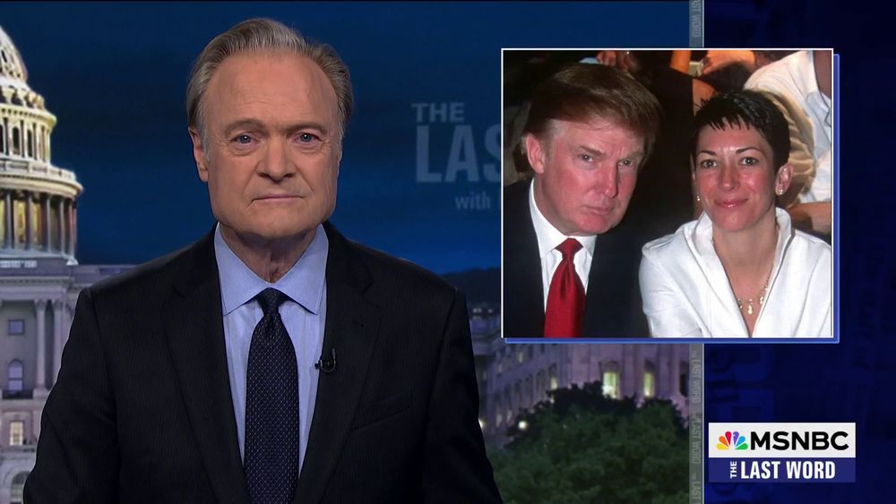 MSNBC's Lawrence O'Donnell with an over the shoulder graphic featuring a photo of Donald Trump and Ghislaine Maxwell
