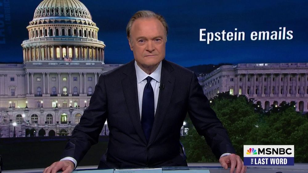 MSNBC's Lawrence O'Donnell with white text over his shoulder: Epstein emails