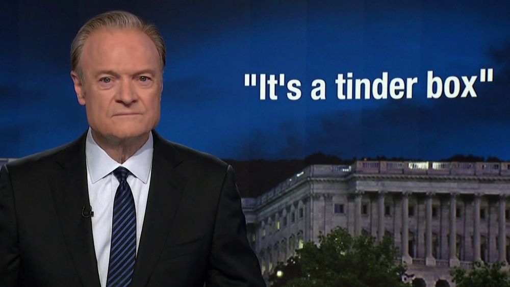 MS NOW's Lawrence O'Donnell with white text over his shoulder: "It's a tinder box"