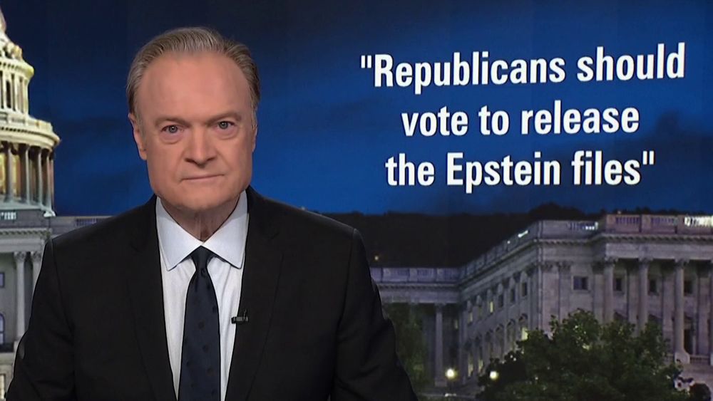 MS NOW's Lawrence O'Donnell with white text over his shoulder: "Republicans should vote to release the Epstein files"