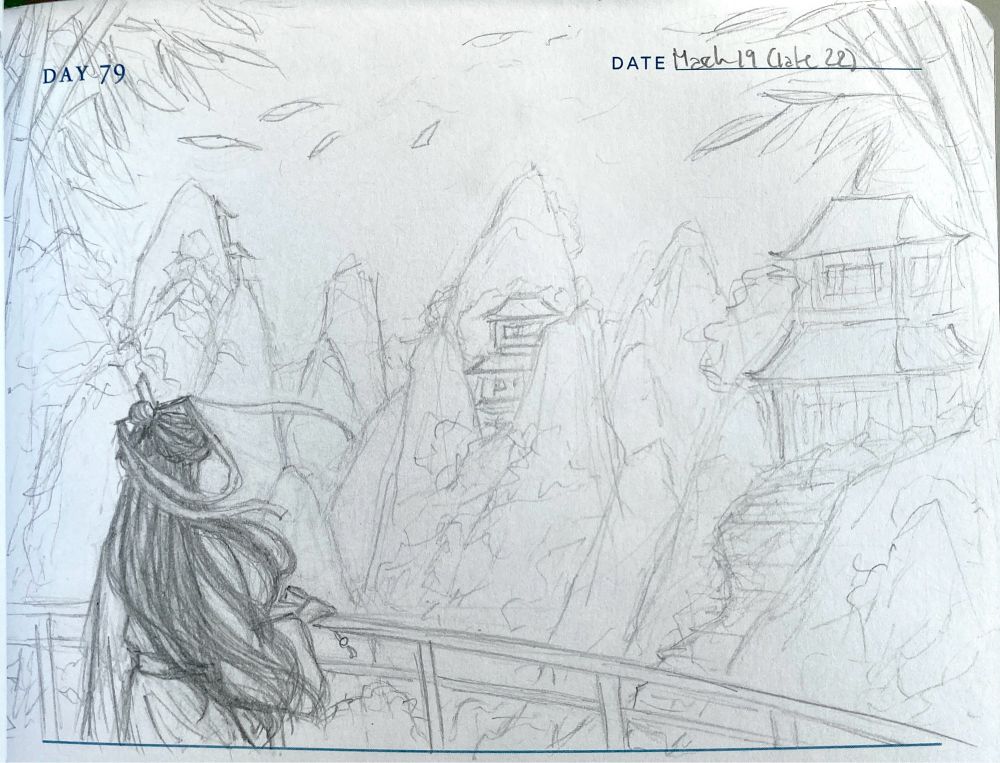 Pencil drawing of Shen Qingqiu standing at a railing with the wind whipping at his hair, looking out at the peaks of Cang Qiong mountain. Bamboo leaves drift in the wind.