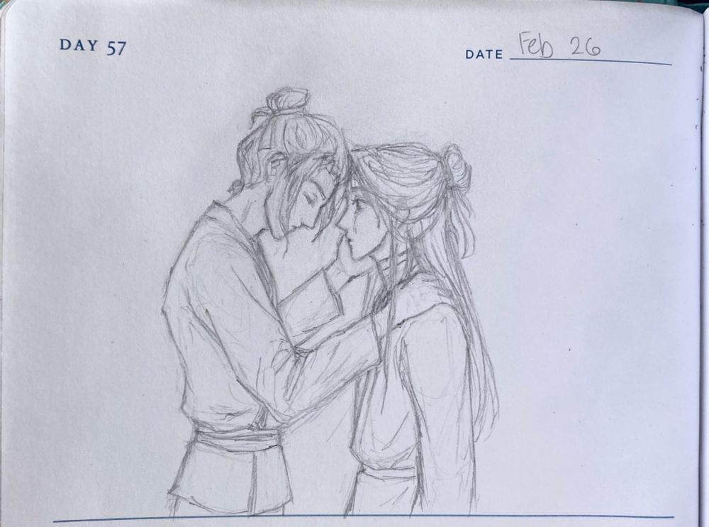 Pencil drawing of Feng Xin and Xie Lian, wearing simple clothes. Feng Xin has one hand on Xie Lian’s cheek, and the other on his shoulder. His forehead is touching Xie Lian’s, and his eyes are closed. A tear falls from Xie Lian’s eye.