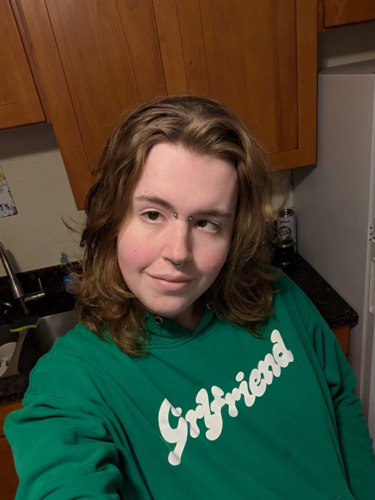 selfie of me in my kitchen. i'm wearing a green hoodie that says "girlfriend" on the front. i'm looking up towards the camera with my right eye and my left eye is on her usual bullshit, gazing off to my right leaving me bereft of depth perception. my hair is curly blond and comes down to my shoulders. i'm really pretty tbh.