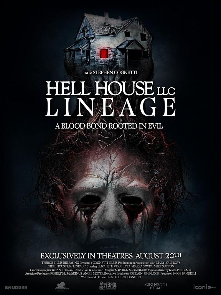 HELL HOUSE LLC: LINEAGE (2025) poster, showing a creepy, dilapidated house with red in one of its windows and roots extending down from it to the head of a creepy clown. The tagline reads "A blood bond rooted in evil".