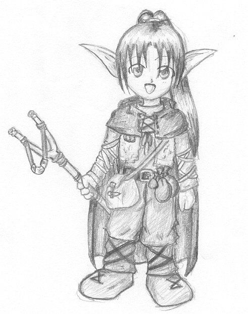 Pencil drawing of Draconlance's Tasslehoff Burrfoot with a big smile and cute childish eyes