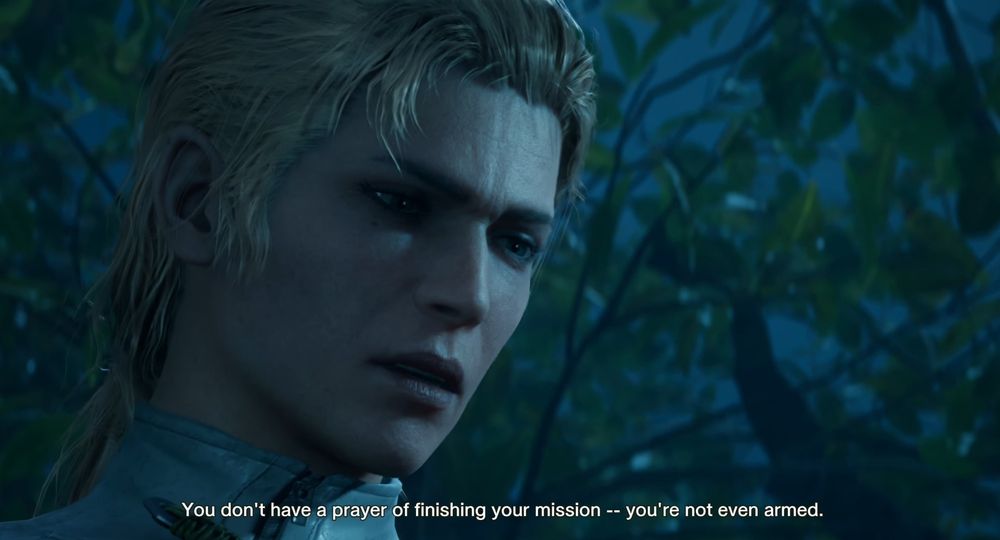 Screenshot from Metal Gear Solid: Snake Eater Delta featuring a close shot of The Boss. Is a night scene with she saying "You don't have a prayer of finishing your mission -- you're not even armed."