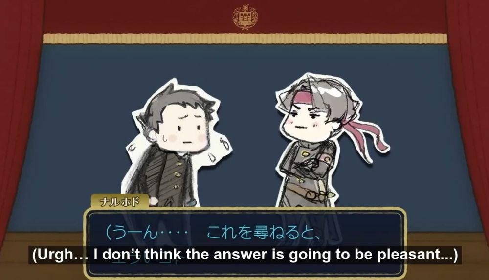 Screenshot from The Great Ace Attorney 2: Rundown Theater featuring cute chibi drawings of Ryunosuke and Kazuma. Ryunosuke looks distressed with a text showing his thoughts "Urgh... I don't think the answer is going to be pleasant"