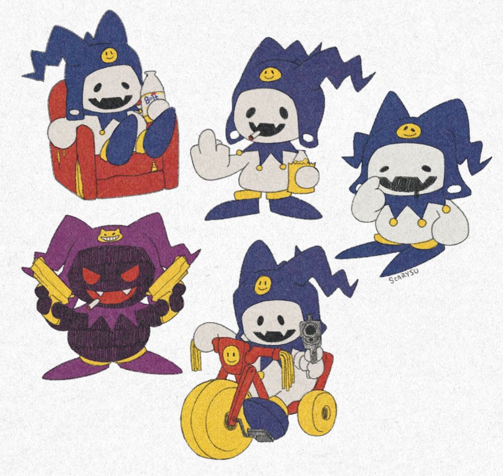 a collection of five jack frost doodles. left to right, top to bottom: jack sitting on a ratty recliner drinking a Bolt 45, jack frost flipping the bird while smoking a cigarette and holding a Bolt 45 in a brown paper bag, innocent jack frost drooling and pointing at himself, black frost holding up two gold glocks while smoking a cigarette, and jack frost on a tricycle pointing a glock at the viewer