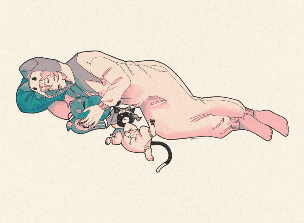 akechi taking a nap in a jack frost kigurumi. he's holding onto a mothman plushie. morgana is in a matching jack frost kigu, sleeping on his back next to akechi 