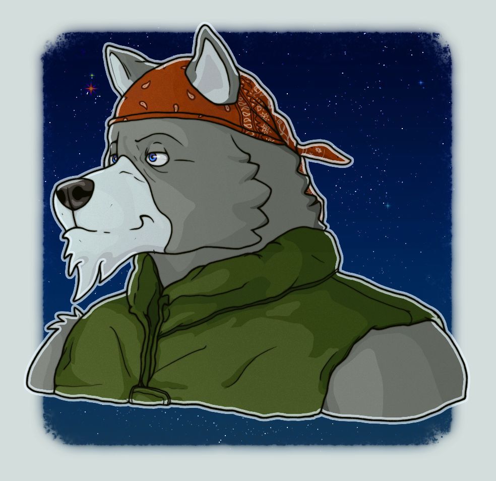 A character bust of Rhexenor, an anthropomorphic grey wolf wearing a red bandana and green vest. The background is a view of (outer) space bright with stars, perhaps stylistically so. The lineart is slightly different from the other version, but there is otherwise no difference. 