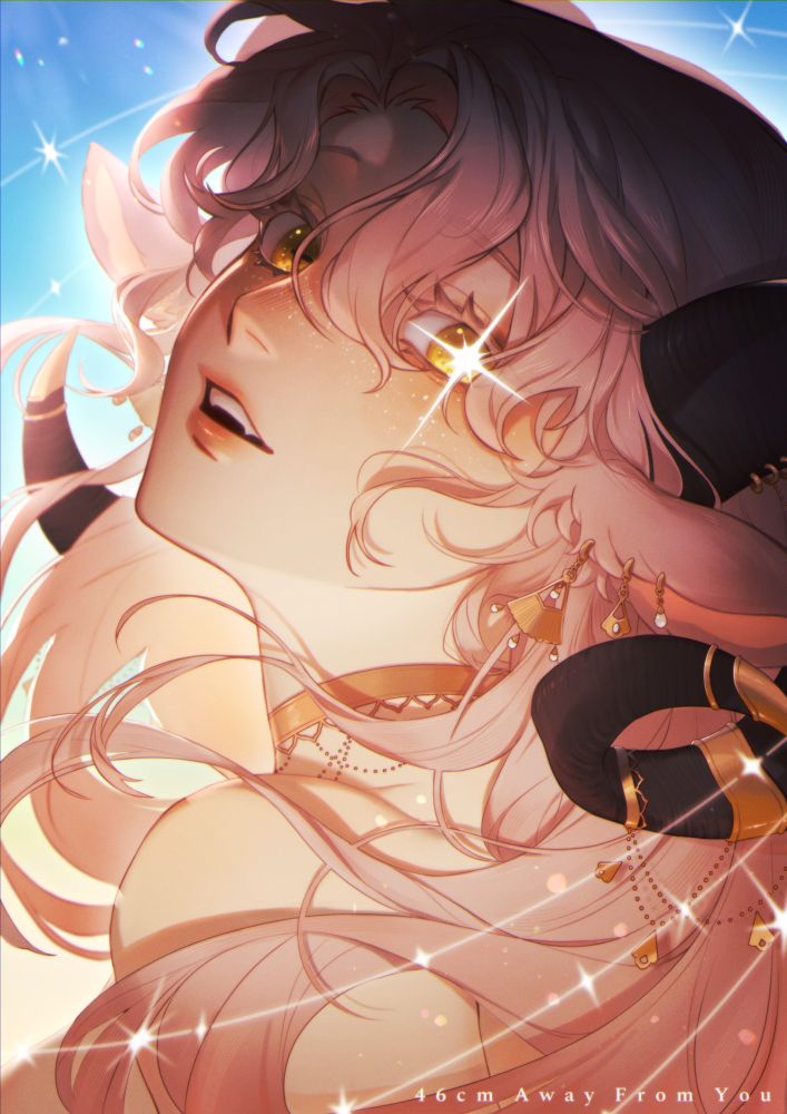 Illustration by 46cm of a pink haired woman with goat horns surrounded by stars.