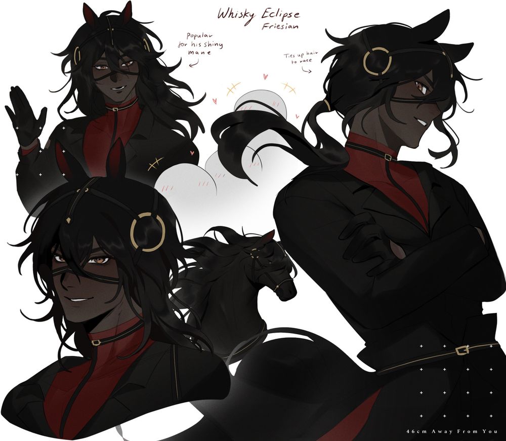 Various drawings of a Friesian horse turned human