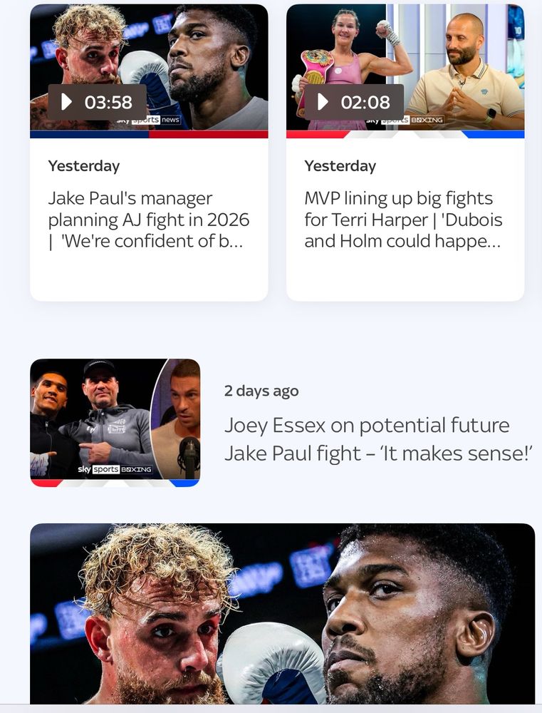 Sky Sports headlines suggesting Jake Paul wants to fight Anthony Joshua and, erm, Joey Essex  