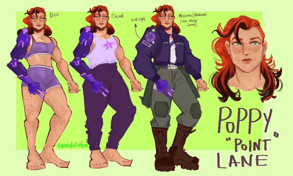ref sheet of a woman with a purple prosthetic arm, green eyes, red and black multi tone hair wearing various outfits and off to the side, there is a portrait of her along with her full name “Poppy ‘Point’ Lane”