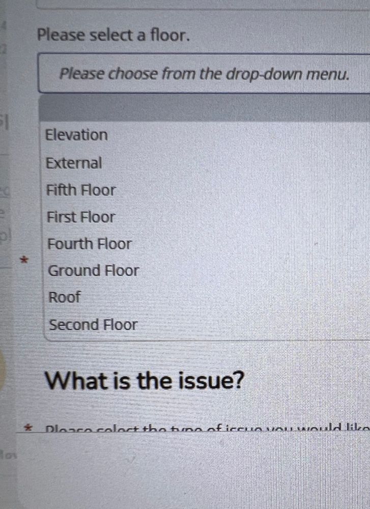 Photo of a computer screen showing a dropdown menu. The prompt is to ‘Please select a floor’, but then the dropdown choices are listed alphabetically as ‘Elevation; External; Fifth Floor; First Floor; Fourth Floor; Ground Floor; Roof; Second Floor’. After the dropdown menu, the next prompt is ‘What is the issue?’ 