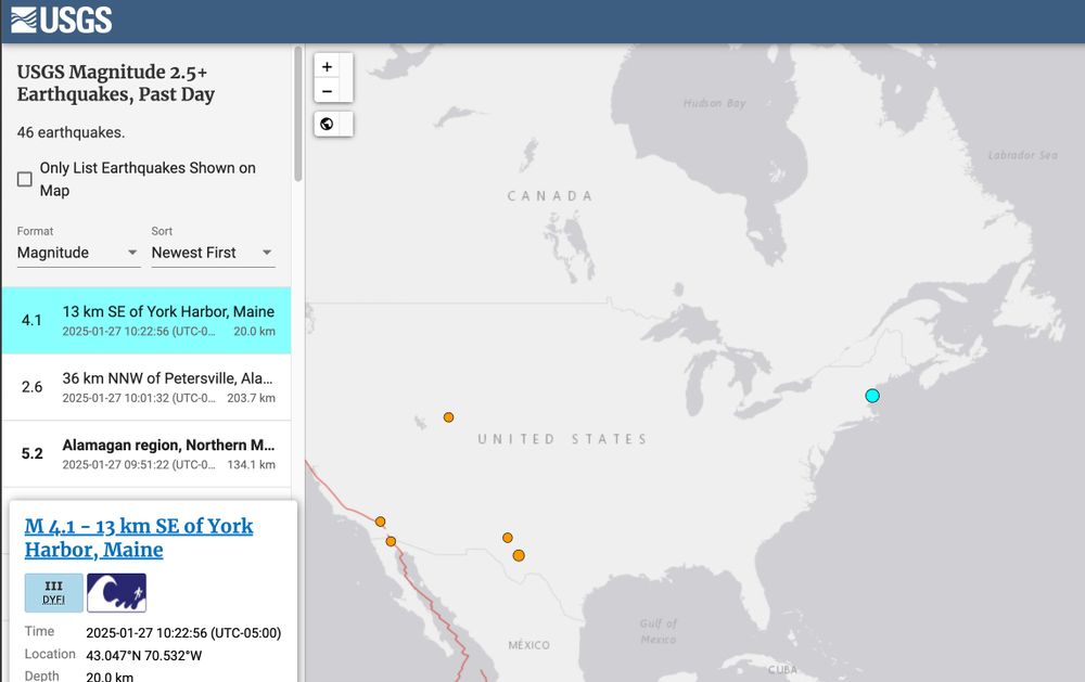 A screenshot from USGS showing a recent earthquake near York Harbor, Maine