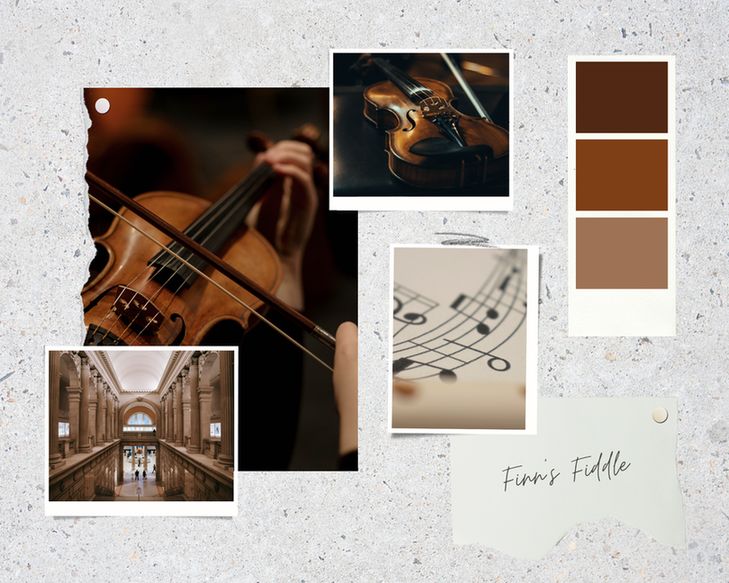 Moodboard featuring four photos: 
Bottom left: view of a museum second floor. museum has columns and arches in the architecture. 
Left: closeup of a violin as someone plays it. 
Top right: Violin sitting on a dark surface. 
Bottom right: artistic music staff with notes. 
On the right is a color palette in browns ranging from dark to light. 
A sticky note in the bottom right says: Finn's Fiddle 