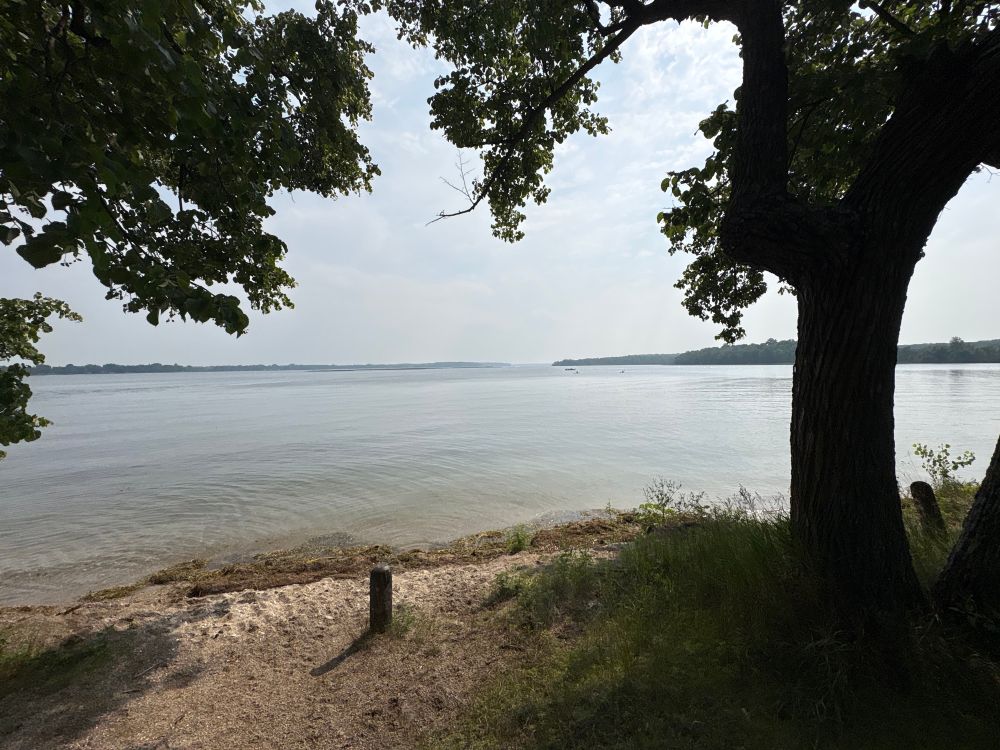 Wildfire smoke makes a haze over a sunny lake. 