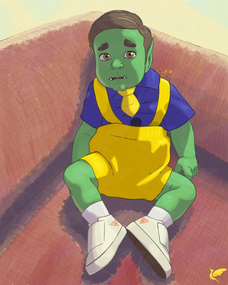 3 month old baby orc, wearing blue and yellow