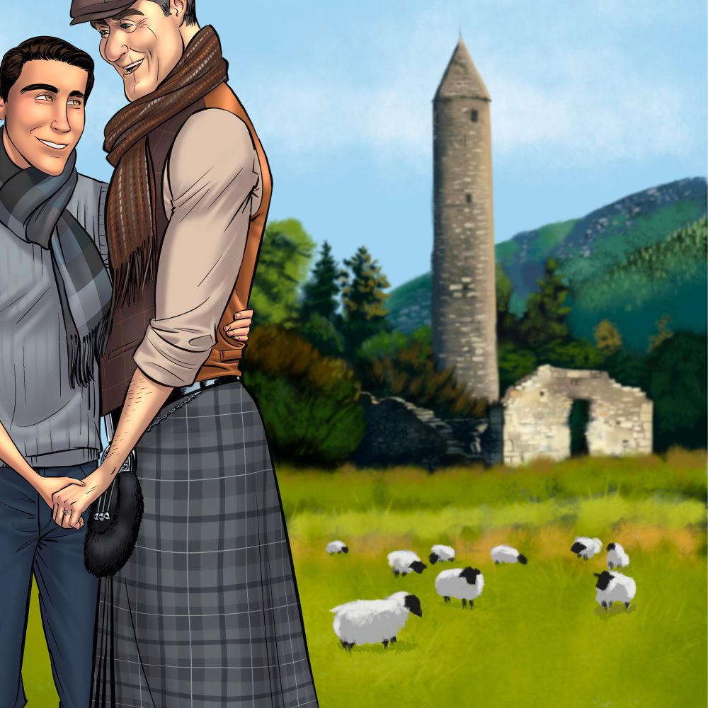 Gay couple love is love older and you her size difference kilt Irish Ireland Turkish race mixing interracial fashionable scarves scarf paper boy cap apple cap sheep Dublin glendalough engaged married lovers green nature anniversary scar 