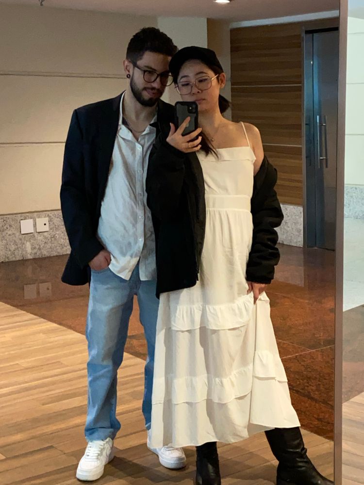 Selfie minha e do Lucas no espelho. 