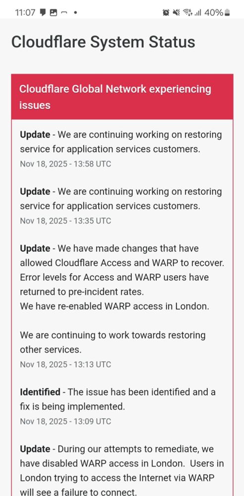 Cloudflare의 상태를 알려주는 웹사이트. Cloudflare의 글로벌 네트워크에 문제가 생겼다는 사실과 현재 상황을 시간별로 업데이트 중.