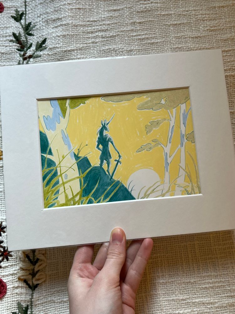A matted coloured pencil illustration of an anthropomorphic unicorn night standing in a birch tree forest. It is brightly coloured. The unicorn is silhouetted in the background.