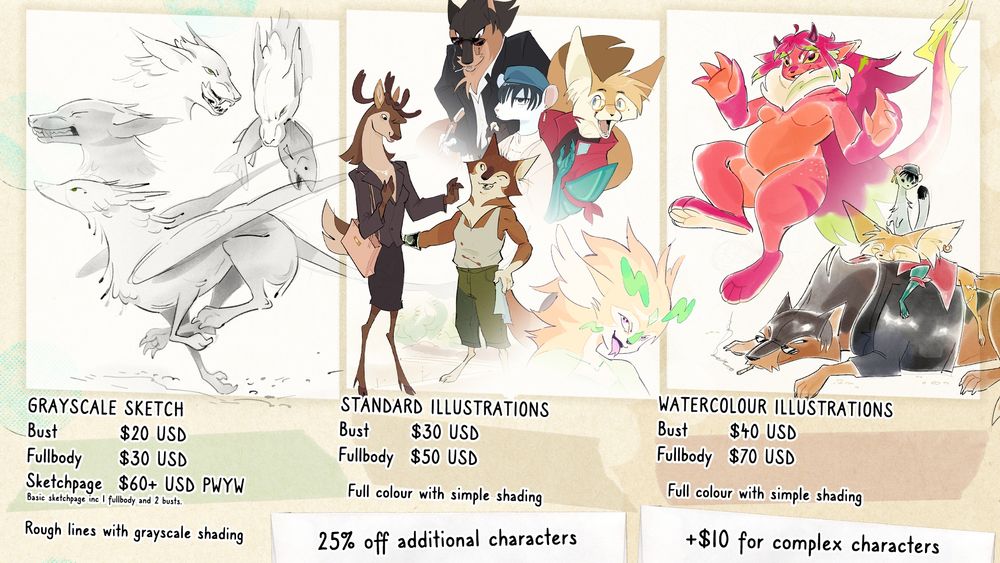 A commission sheet with multiple art examples. There is text that reads:

Grayscale sketches
Busts $20 USD
Full bodies $30 USD
Sketch pages $60+ USD PWYW. Basic sketchpage includes 1 fullbody and 2 busts
Rough lines with grayscale shading

Standard illustrations
Busts $30 USD
Full bodies $50 USD
Full colour with simple shading

Watercolour illustrations
Busts $40 USD
Full bodies $70 USD
Full colour with simple shading

25% off additional characters
+$10 for complex designs