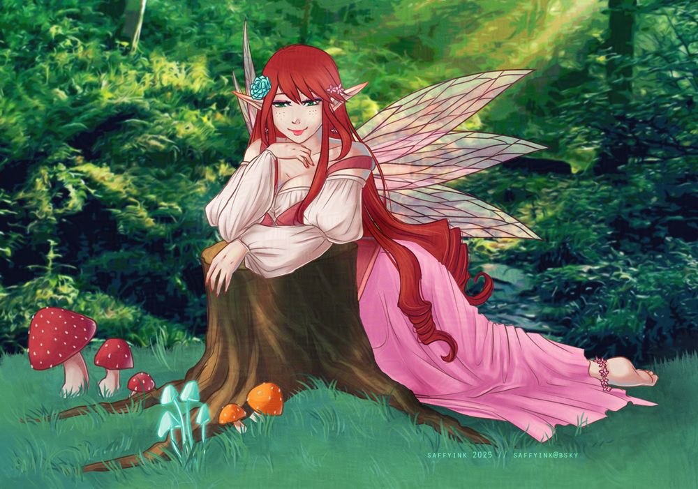 A fairy with long curly red hair and a pink peasant dress draped over a log, surrounded by cute amanita mushrooms (and some glowing ones) and a gentle forest.
